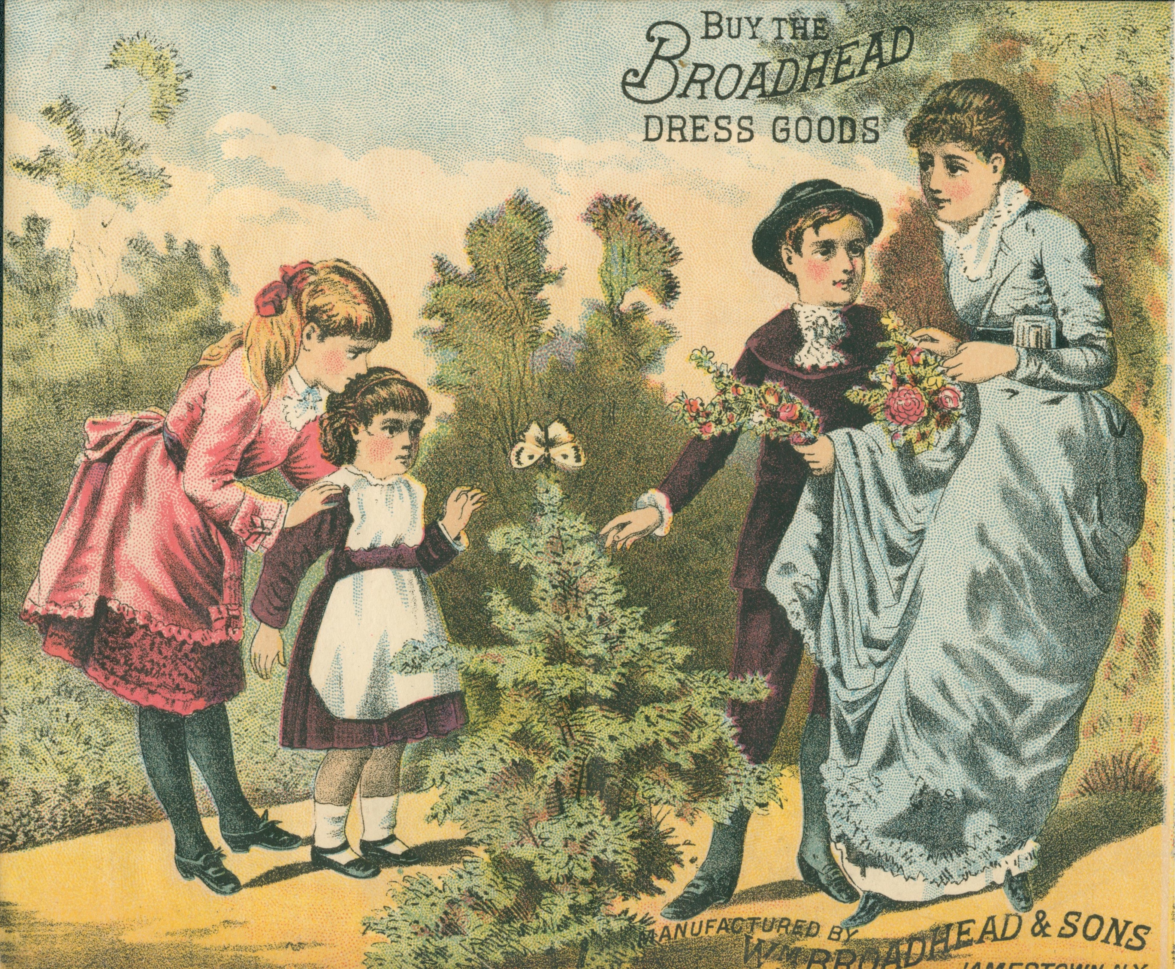 This trade card shows an adult woman and three children clustered around a small evergreen tree.